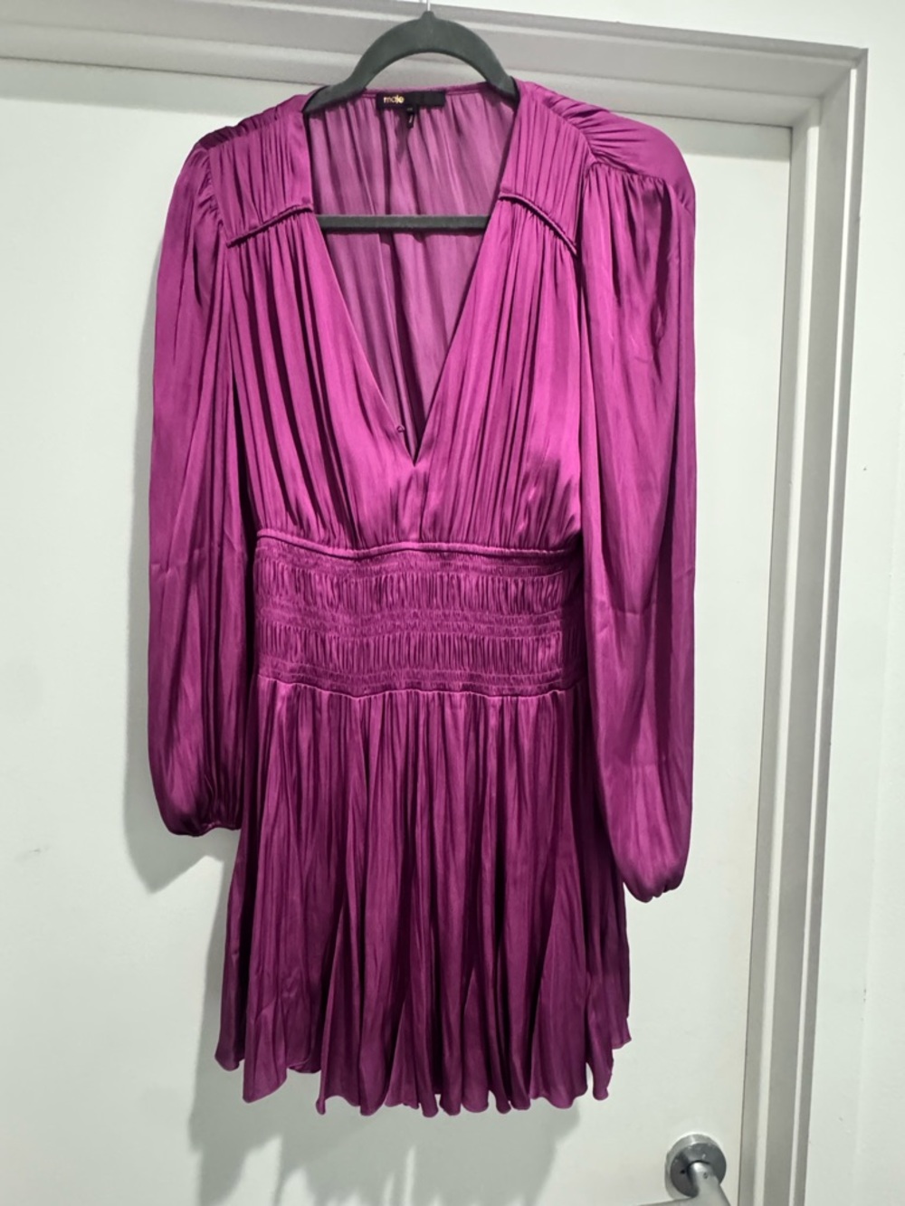 Maje Fuchsia Long-Sleeve Pleated V-Neck Mini Dress
